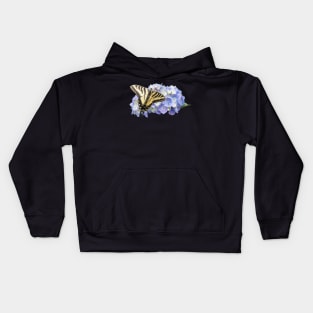 Yellow Swallowtail Butterfly on Blue Hydrangea Flower Kids Hoodie